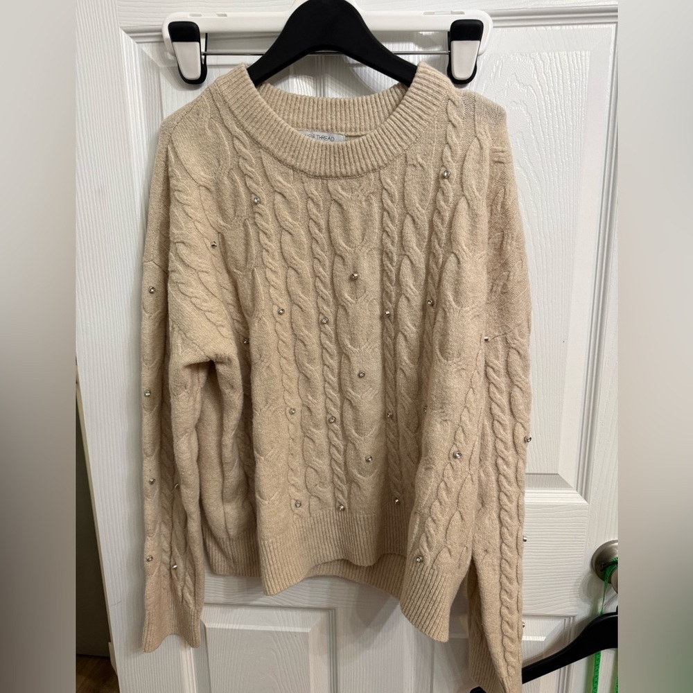 Single Thread Cable Knit Rhinestone Stud Sweater XL Neutral Oatmeal beige color
